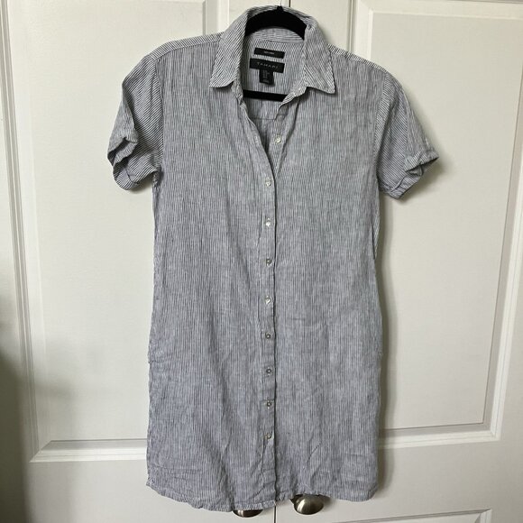Tahari 100% Linen Shirt Dress Womens XS Stripe Coastal Beachy - Picture 1 of 9